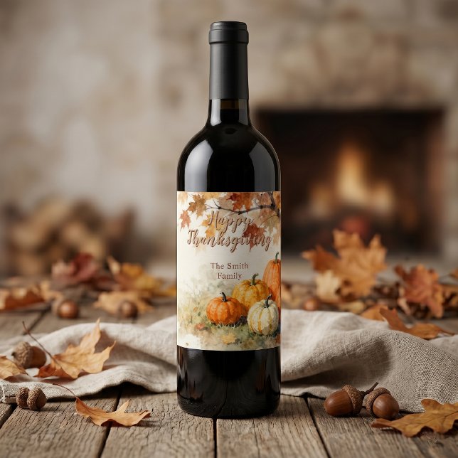 Rustik Höstpumpa och Löv Thanksgiving Vinflaska Etikett (Skapare uppladdad)