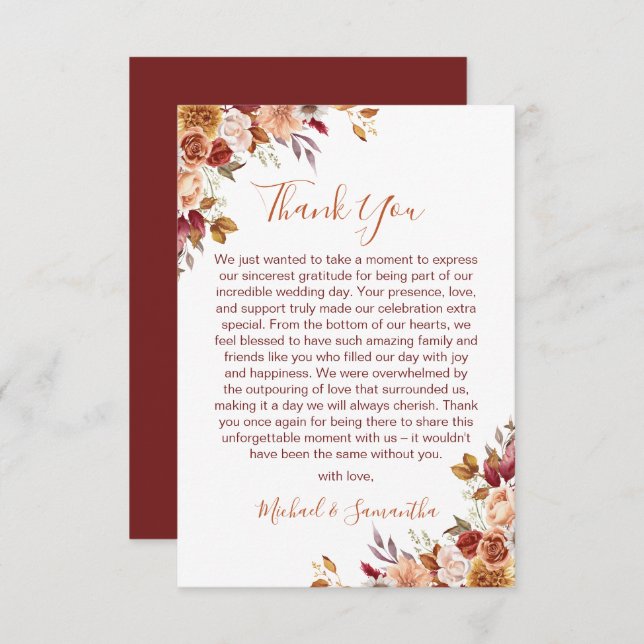 Rustik höstros och krysantemum höstbröllop tack kort (Fram/baksida)
