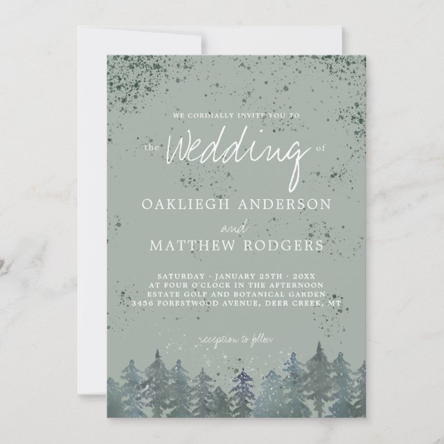 Rustik Hunter Grönt Forest Snowy Winter Wedding Inbjudningar (Framsida)