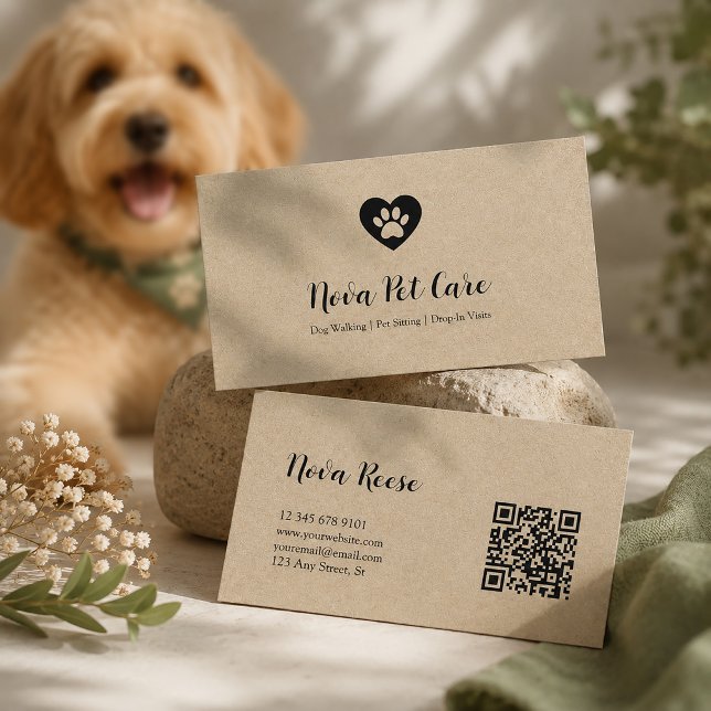 Rustik Husdjur Sittar Hundpromenad Qr Kod Kraft Visitkort (Skapare uppladdad)
