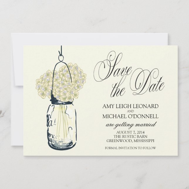 Rustik Hydrangea i Murbrukskrukor Spara Datum Inbjudningar (Framsida)