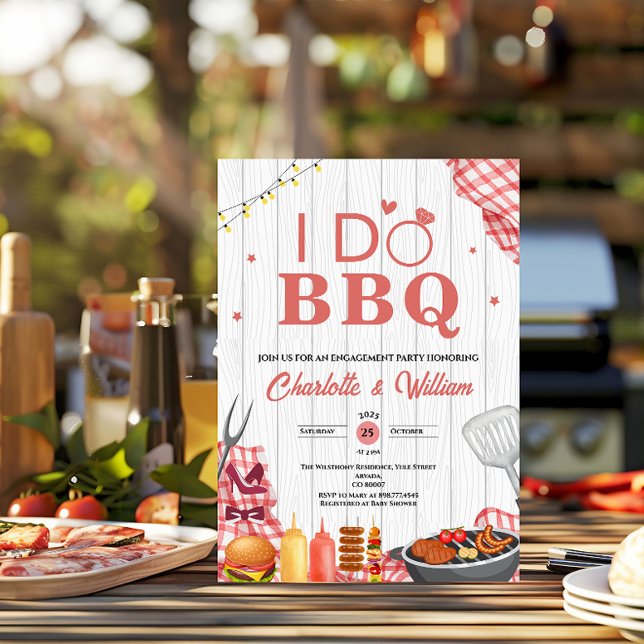 Rustik 'I Do BBQ' Plaid Förlovningsfest Inbjudningar (i do bbq rustic country barbecue engagement party string lights sunflowers wood floral bam couple)