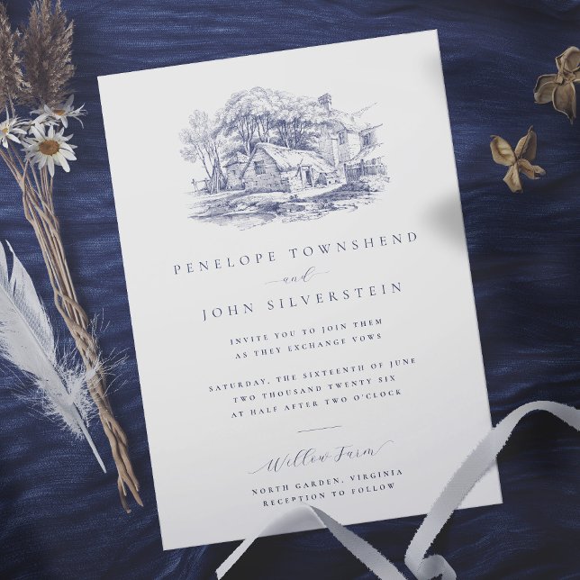 Rustik illustration av bondgård Elegant bröllop Inbjudningar (Rustic Farmhouse Illustration Elegant Wedding Invitation)