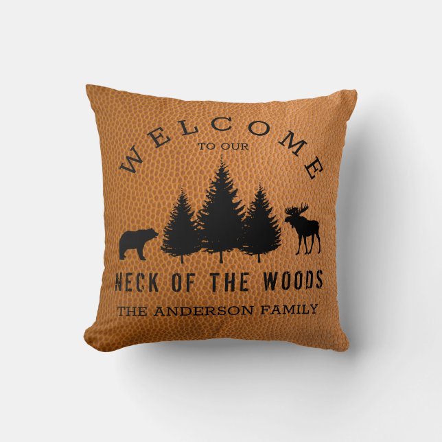 Rustik imitation läder välkomstskylt cabin woods kudde (Framsida)