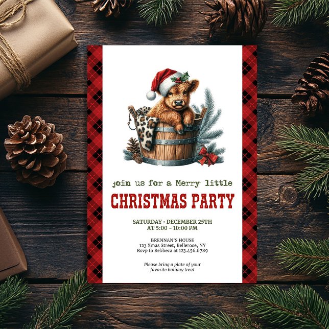 Rustik inbjudan till Highland-ko julfest (Rustic watercolor Highland cow Christmas invite, fully editable for your event.)