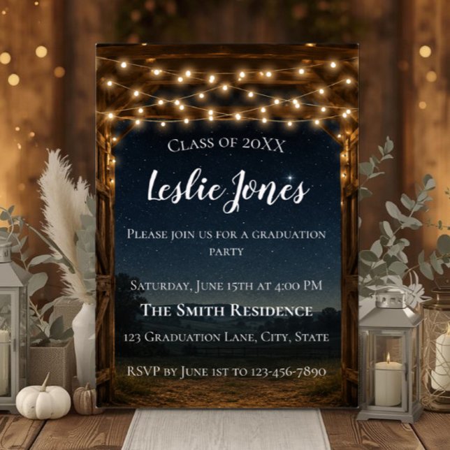 Rustik inbjudan till studentfirande i lada | Lands (Rustic barn graduation invitation with string lights, country charm, and custom details.)