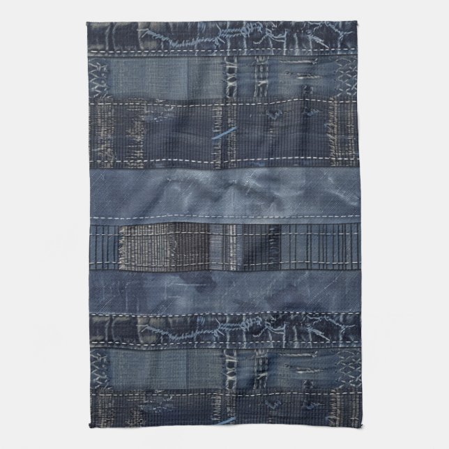 Rustik Indigo Denim Lapptekniksmönster Kökshandduk (Vertikal)