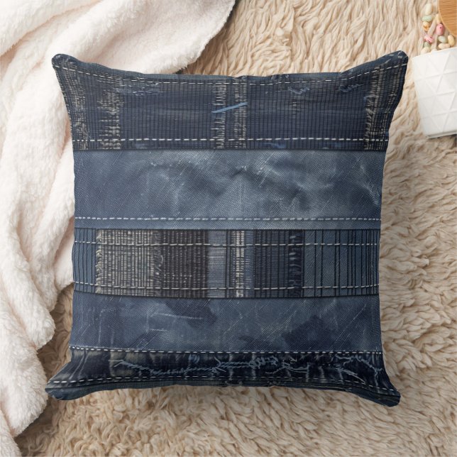 Rustik Indigo Denim Lapptekniksmönster Kudde (Filt)
