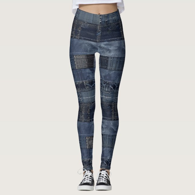 Rustik Indigo Denim Lapptekniksmönster Leggings (Framsida)