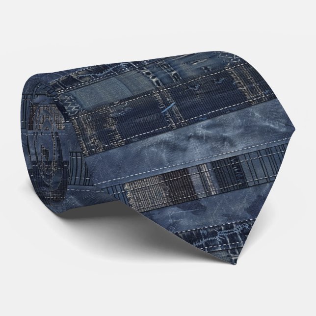Rustik Indigo Denim Lapptekniksmönster Slips (Rullad)