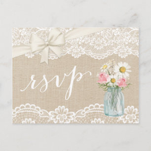 Rustik Ivory Burlap Snöre Blommigt Mason Burk OSA Inbjudan Vykort