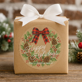 Rustik järnekrans med röd-svart rutig slinga runt klistermärke