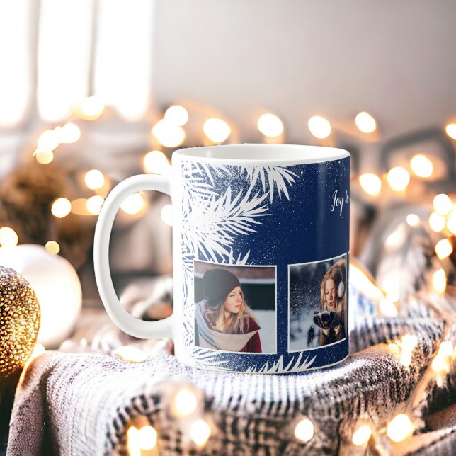 Rustik jul, 4 foto land snö gräs blått kaffemugg (Rustic Christmas country 4 photo snow pines blue Coffee Mug)