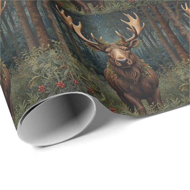 Rustik jul älg hjort boho skogsscen  presentpapper (Rullad Hörn)