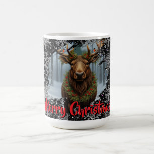 Rustik jul älg vinter skogslandskap snö kaffemugg