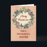 Rustik jul-andetag Sister God jul Kort<br><div class="desc">God jul för systerkort med rustik vattenfärg,  julkrans,  vintage papprare mönster och tankfull vers.</div>