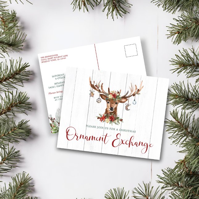 Rustik jul-Blommigt Antlers Ornament Exchange Helg Vykort (Rustic Christmas Floral Antlers Ornament Exchange Holiday Postcard)