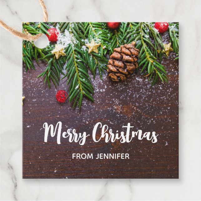 Rustik jul Bord med Gräs och Snö Gåvor Etiketter (Framsida)