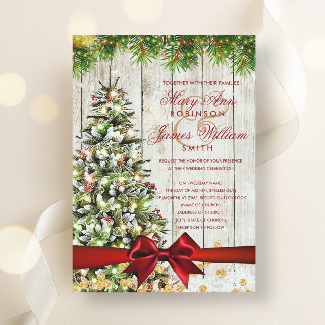 Rustik jul Bröllop Träd Ribbon Guld Glitter Inbjudningar (Rustic Christmas Wedding Tree Ribbon Gold Glitter Invitation)