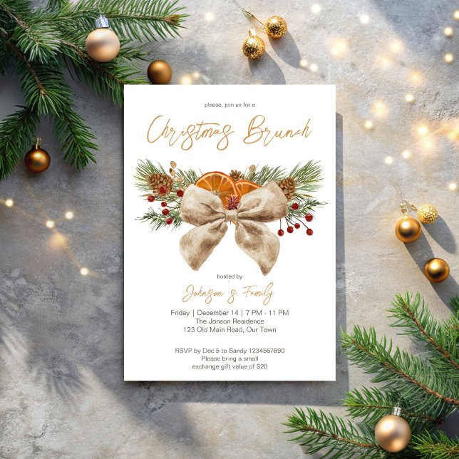Rustik jul brunch tallar band bär inbjudningar (Rustic Christmas brunch party invitation pines bow berries citrus Christmas dinner party Invitation)