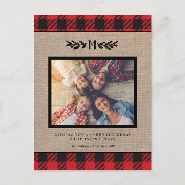 Rustik Jul Burlap Monogram Photo Helgdag Po Vykort (Framsida)