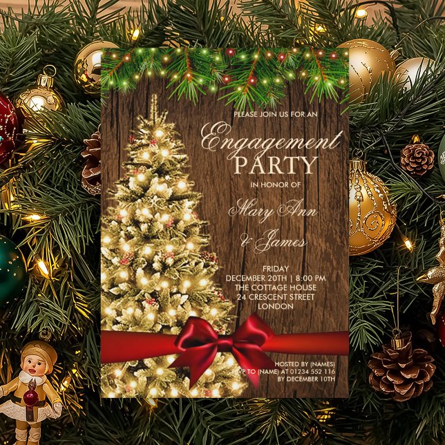 Rustik Jul Förlovningsfest Träd & Ribbon Inbjudningar (Rustic Christmas Engagement Party Tree & Ribbon Invitation)