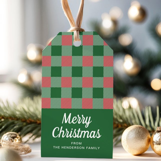Rustik jul grön karamellrandigt mönster  presentetikett (Rustic Christmas Green Plaid Pattern Gift Tags)