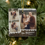 Rustik jul Ljus 3 Photo Collage Helgdag Julgransprydnad Keramik<br><div class="desc">En Rustic jul Ljus 3 Photo Collage Helgdag Ornament med träbakgrund och namn. Klicka på knappen Anpassa för att anpassa den här designen med dina foton och detaljer.</div>