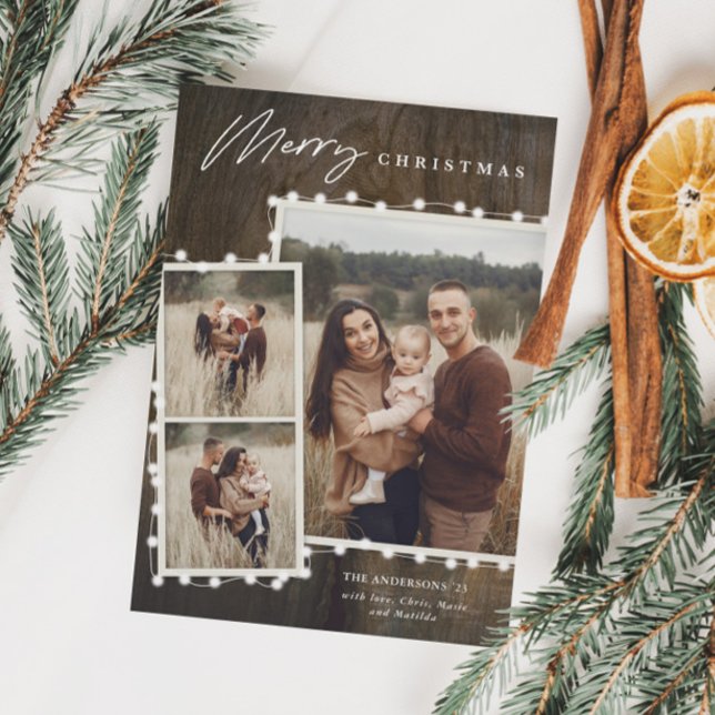 Rustik jul Ljus 3 Photo Collage Julkort (Rustic Christmas Lights 3 Photo Collage Holiday Card)