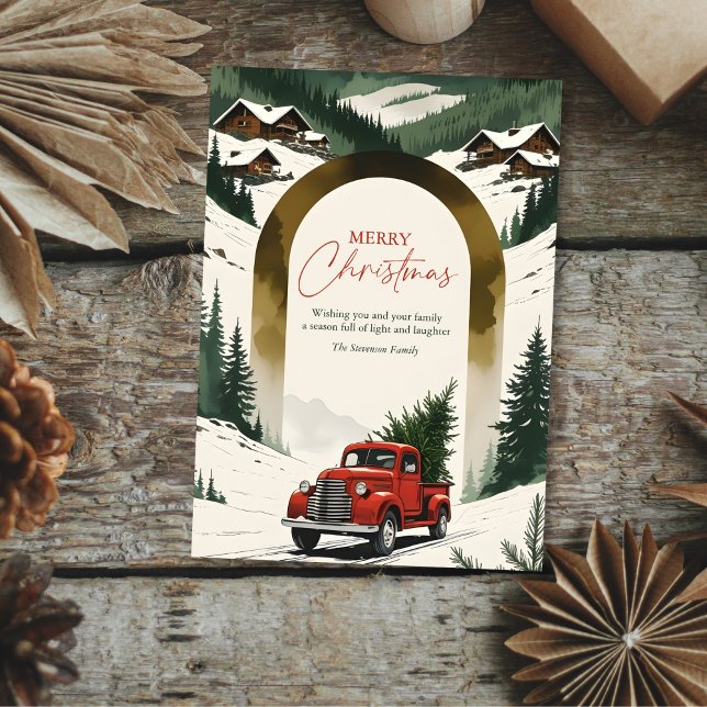Rustik jul med röd gammal lastbil och träd i berge julkort (Rustic Mountain Christmas Card – Red Vintage Truck & Personalized Family Greeting)
