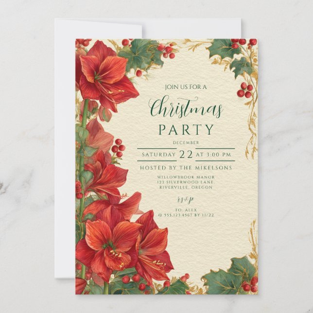 Rustik jul med röda amaryllis inbjudningar (Framsida)
