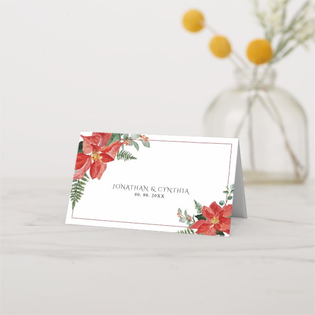 Rustik jul poinsettia röd julbröllop placeringskort (Framsida)