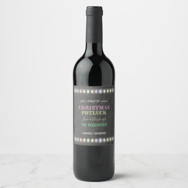 Rustik jul Potluck Chalkboard String Ljus Vinflaska Etikett (Framsida)