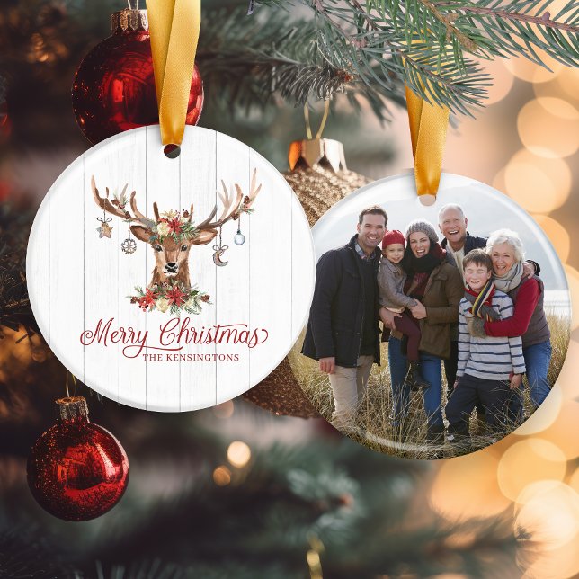 Rustik jul Reindeer Ornaments Helgdag Photo Julgransprydnad Keramik (Rustic Christmas Reindeer Ornaments Holiday Photo)