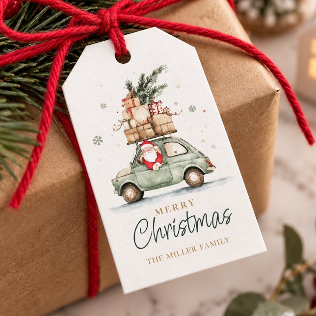 Rustik Jul Santa Bil Vattenfärg Presentetikett (Rustic Christmas Santa Car Watercolor Gift Tags)