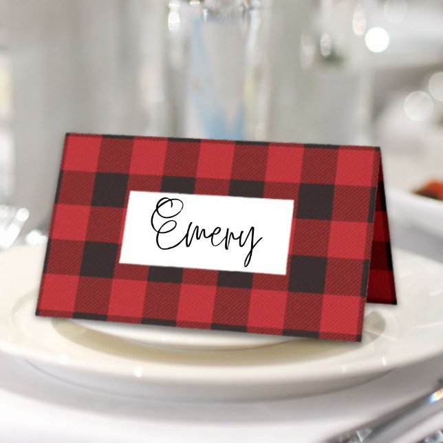 rustik jul timmerhuggare röd buffelmönstrad fest placeringskort (rustic winter lumberjack red buffalo plaid party place card)