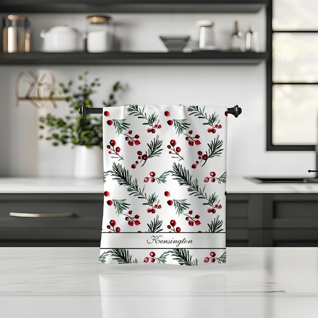 Rustik jul - vattenfärg Botaniskt ditt namn Kökshandduk (Rustic Christmas Watercolor Botanical Your Name Kitchen Towel)