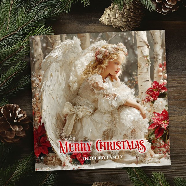 Rustik julängel röda poinsettia säsongs-   julkort (Rustic Christmas angel red poinsettias seasonal card)