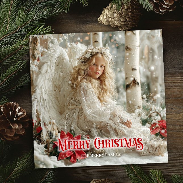 Rustik julängel röda poinsettia vattenfärg  julkort (Rustic Christmas angel red poinsettias watercolor greeting card

)