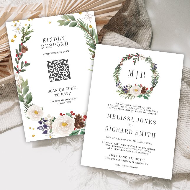 Rustik julblomma monogram QR-kod bröllop Inbjudningar (Skapare uppladdad)