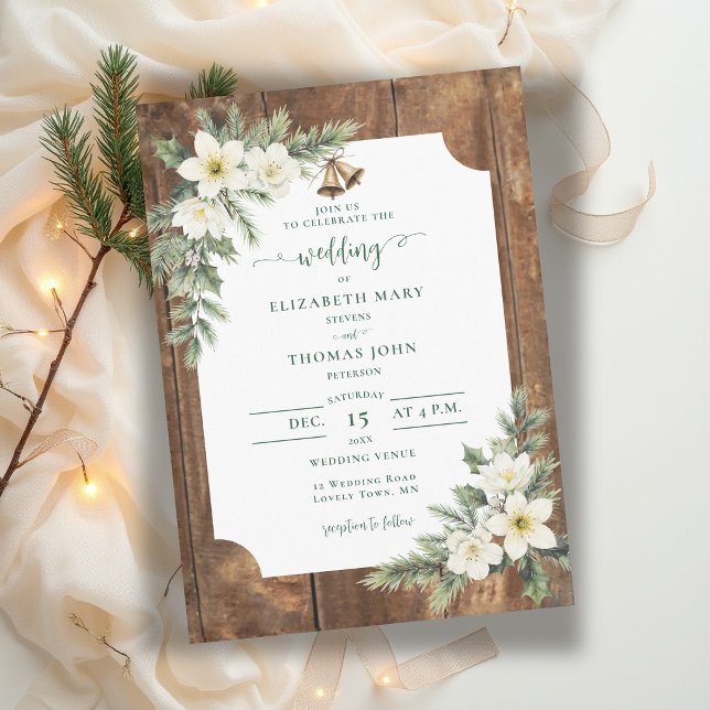 Rustik julbröllop med julrosor i lada av trä inbjudningar (winter wedding invitation rustic barn wood christmas roses greenery white hellebore elegant bells)