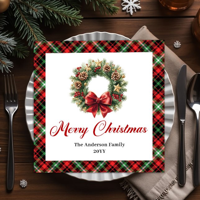 Rustik julduk med röda och gröna nypon och barr pappersservett (Rustic Red Green Christmas Wreath Napkin Set)