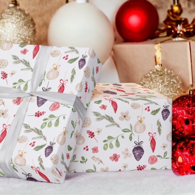 Rustik Julens blommigt, bauble water color mönster Presentpapper (Rustic Christmas floral bauble watercolor pattern Wrapping Paper on white)