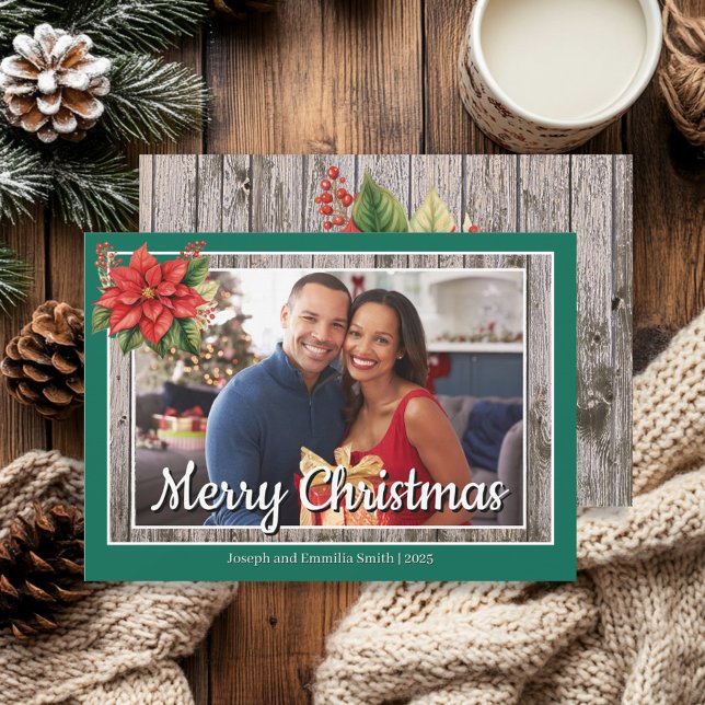 Rustik julfamiljefoto i trä - God Jul Julkort (Emerald green and red poinsettia "Merry Christmas" photo greeting card
)