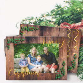 Rustik julfamiljefoto i trä julkort