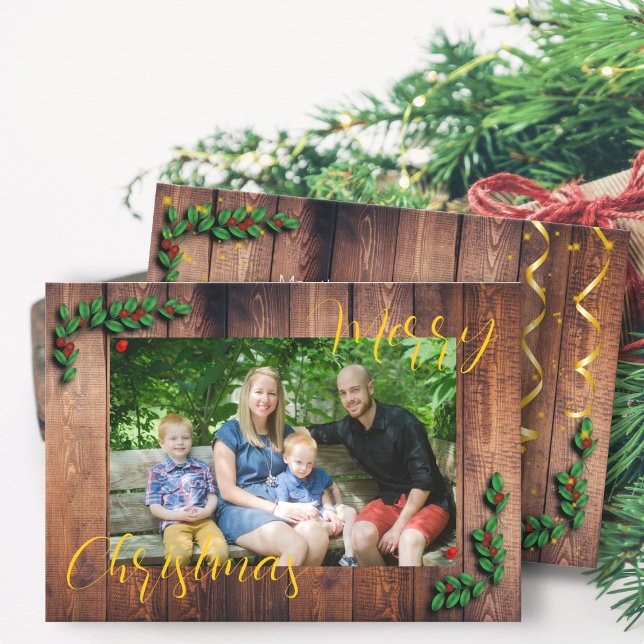 Rustik julfamiljefoto i trä  julkort (Skapare uppladdad)