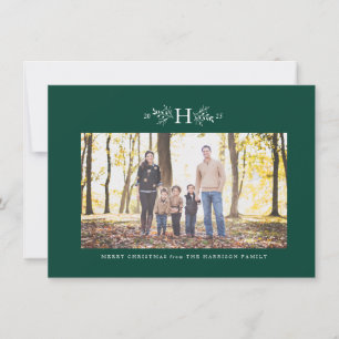 Rustik julfotograf med grönt monogram julkort