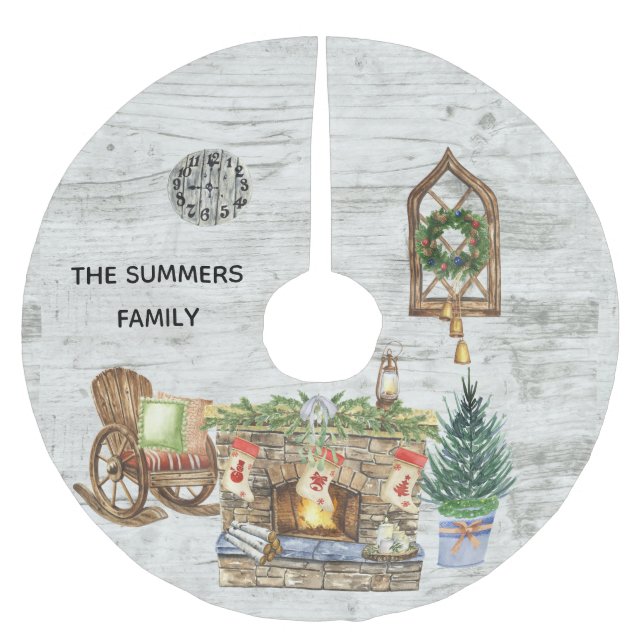 Rustik julgård på landet i akvarellstil julgransmatta borstad polyester (Framsidan)