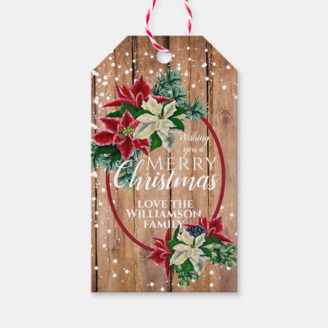 Rustik Julglad Poinsettia Blommig  Presentetikett (Framsidan)