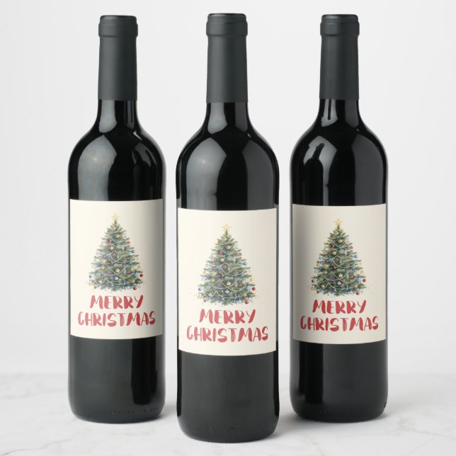Rustik julgran i akvarell jul Xmas högtider Vinflaska Etikett (Flaskor)